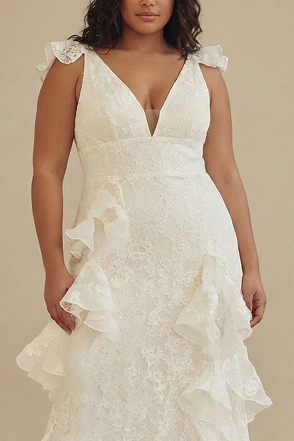 White Lace Deep V-Neck Plus Size Engagement Dress with Ruffles