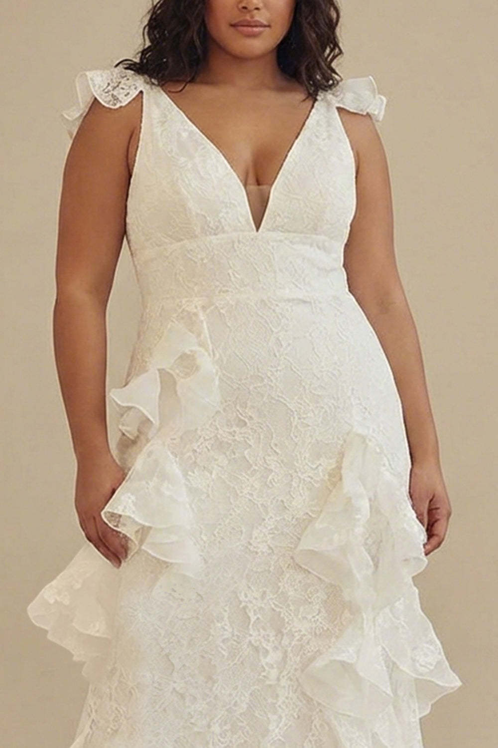 White Lace Deep V-Neck Plus Size Engagement Dress with Ruffles