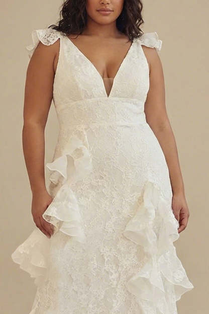 White Lace Deep V-Neck Plus Size Engagement Dress with Ruffles