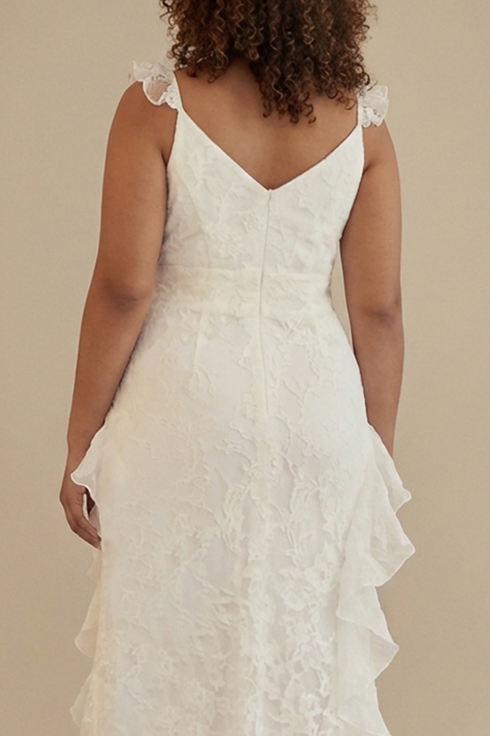 White Lace Deep V-Neck Plus Size Engagement Dress with Ruffles