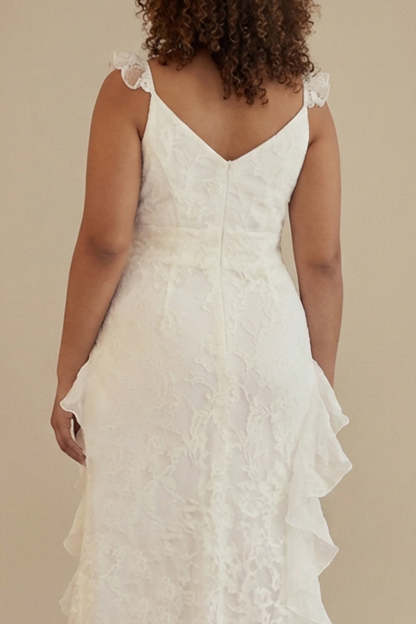 White Lace Deep V-Neck Plus Size Engagement Dress with Ruffles