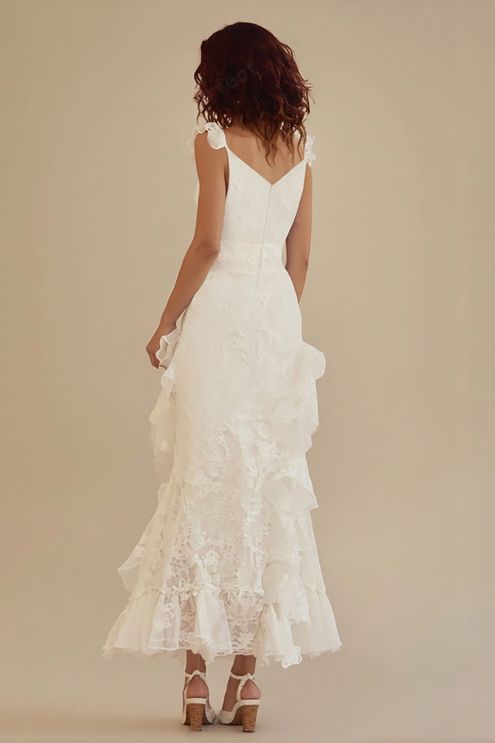 White Lace Deep V-Neck Graduation Dress with Ruffles