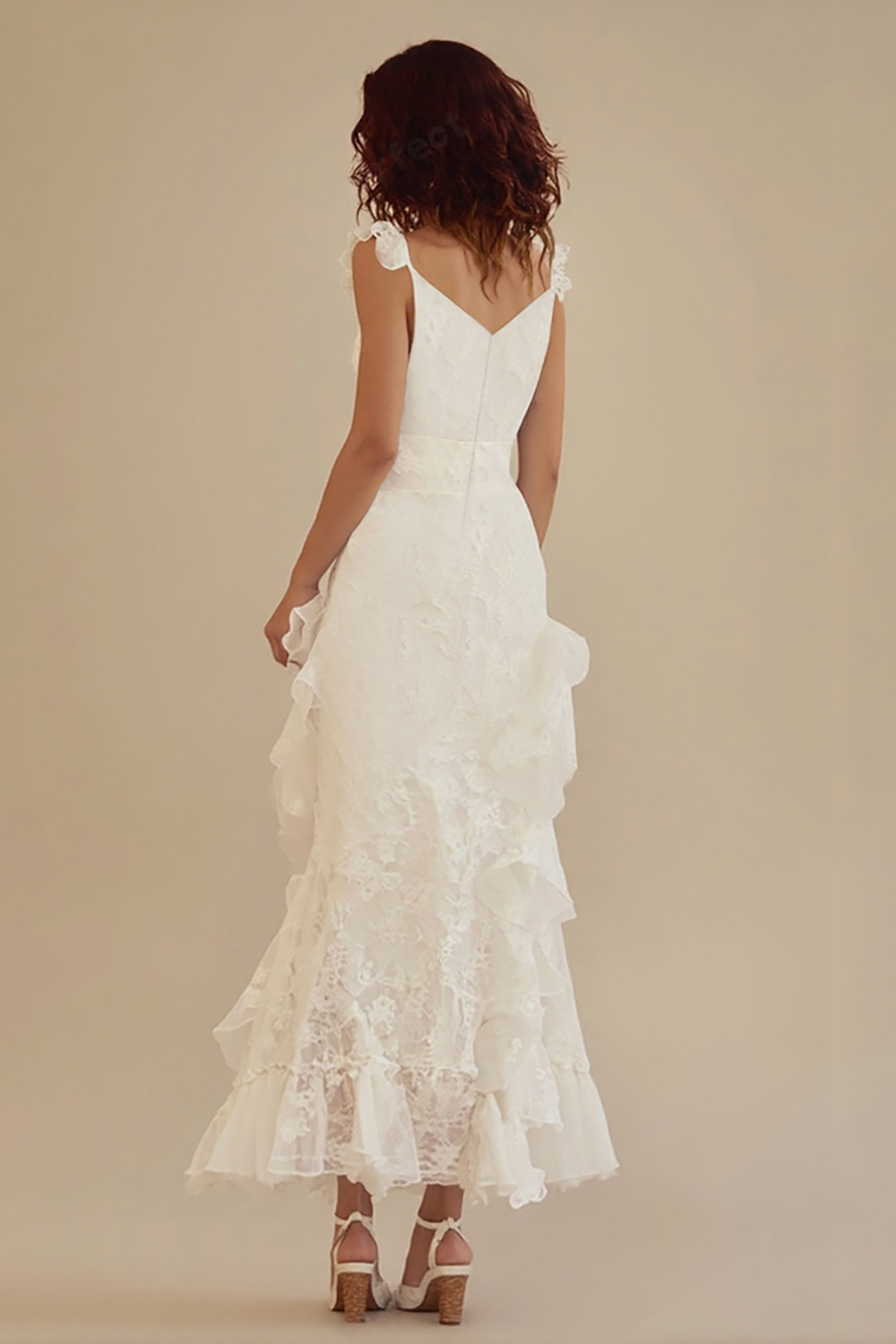 White Lace Deep V-Neck Graduation Dress with Ruffles