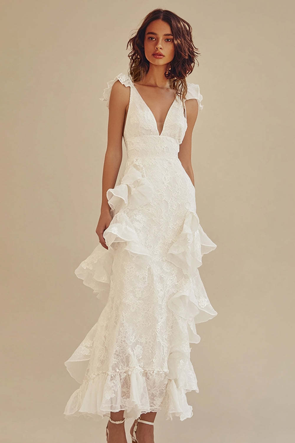 Leely Women White Lace Deep V-Neck Graduation Dress with Ruffles Sheath Chiffon Little White Dress