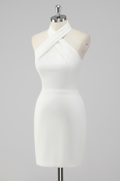 White Bodycon Halter Mini Graduation Dress