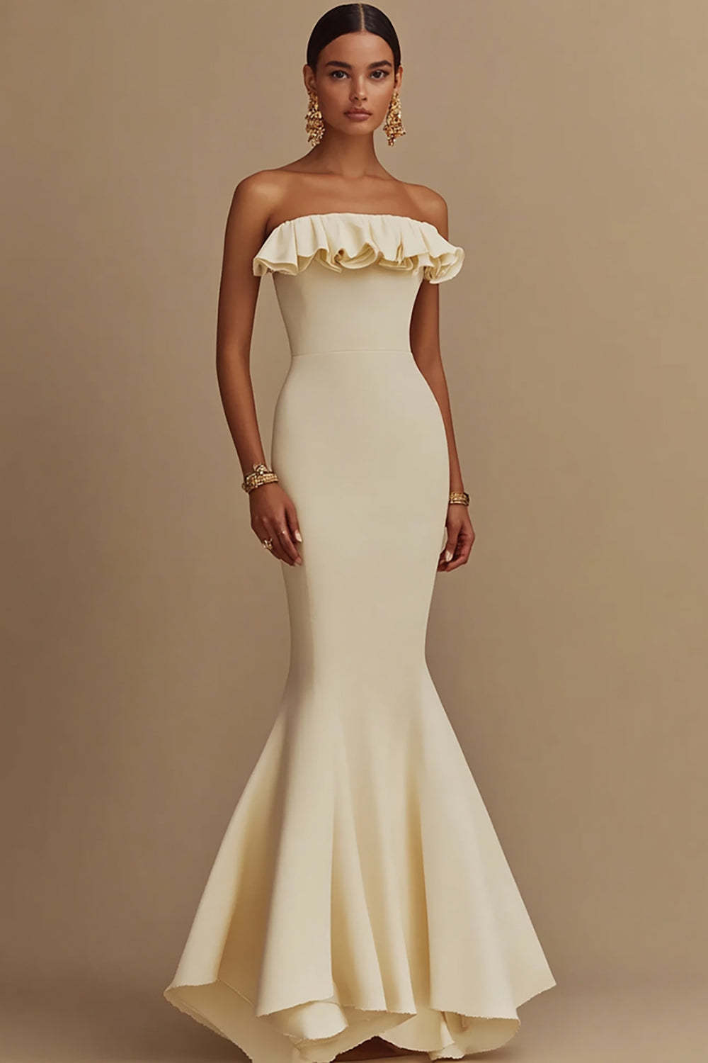 Leely Women White Satin Mermaid Graduation Dress with Ruffles Strapless Floor Length Little White Dress