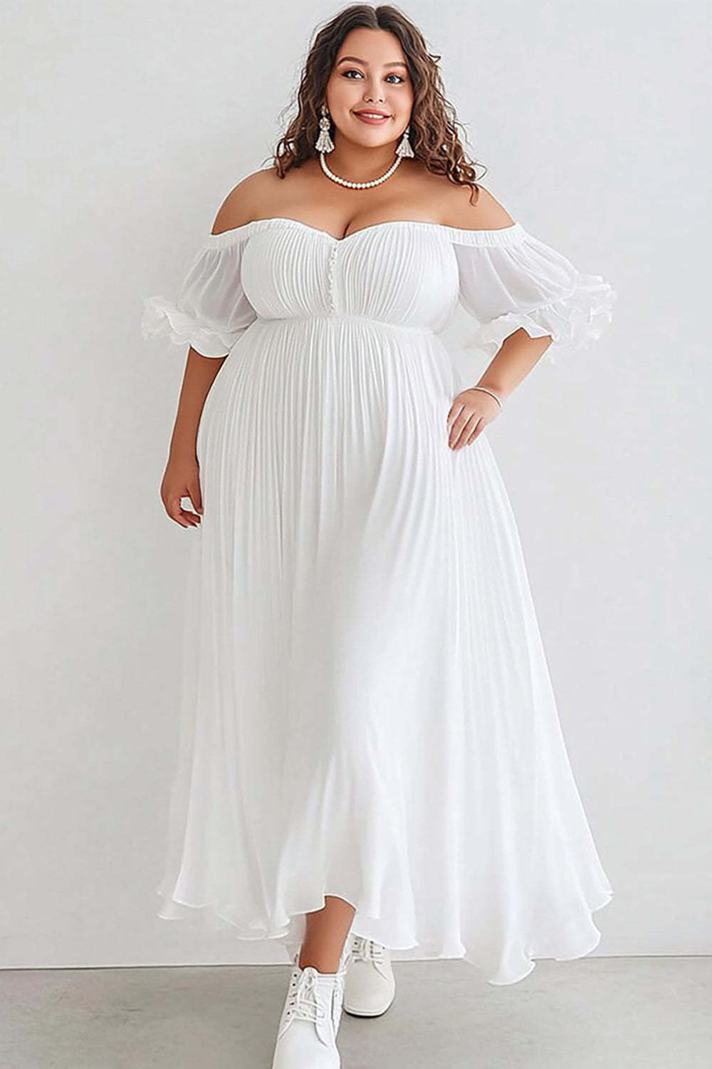 Leely Women White Tulle A Line Graduation Dress Off the SHoulder Pleated Sweetheart Tea Length Little White Dress