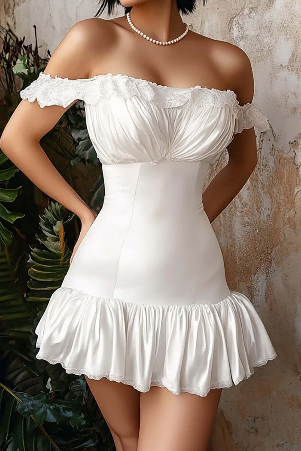White Off The Shoulder Satin Ruched Midi-Length Graduation Dress