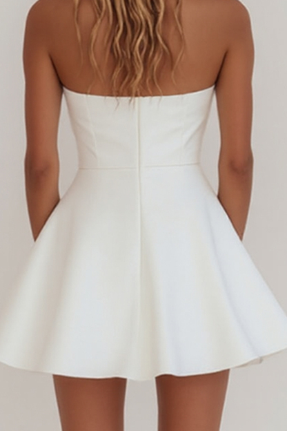 White Strapless A Line Midi-Length Graduation Dress