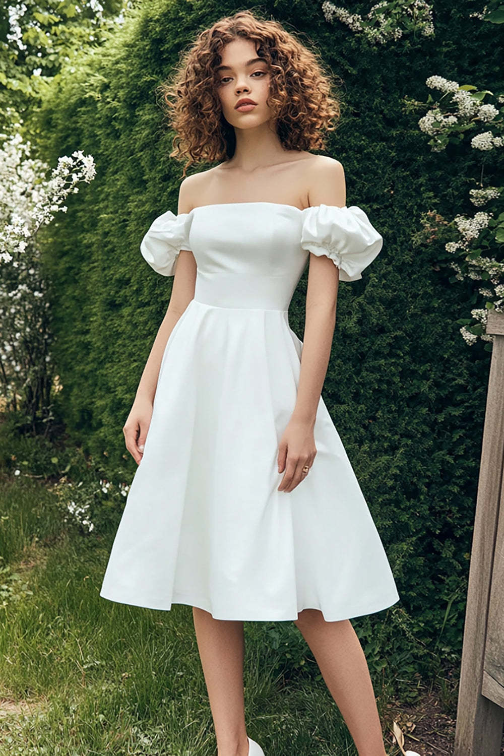 Leely Women Satin White Off The Shoulder Petite Length Graduation Dress Puff Sleeves Little White Dress