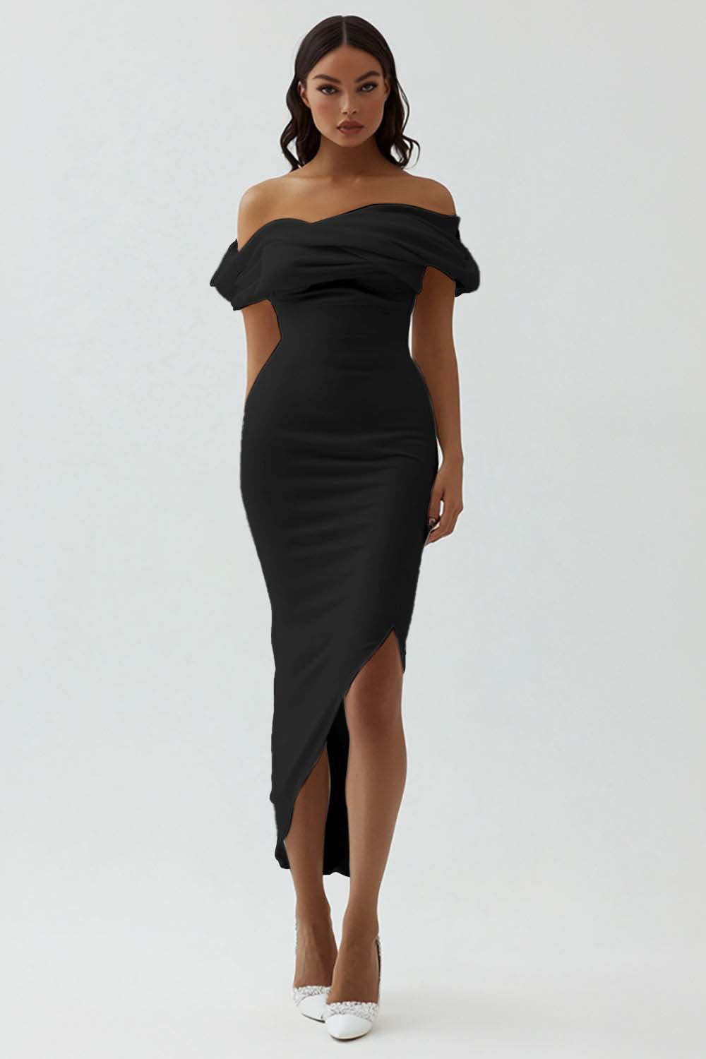 Plus Size White Ruched Sheath Midi Engagement Dress