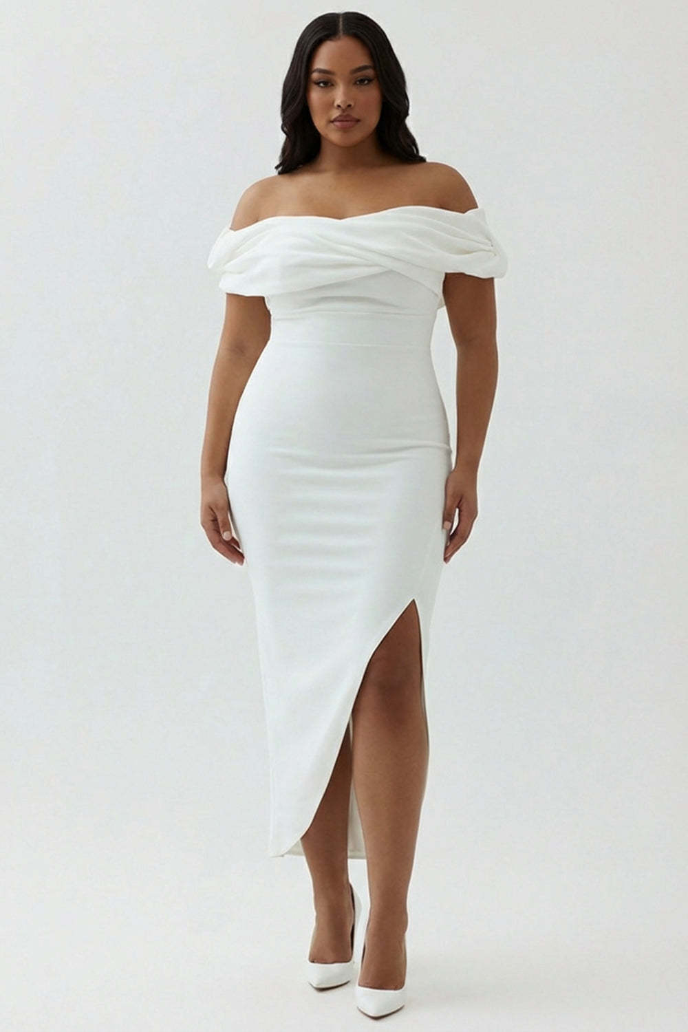 Plus Size White Ruched Sheath Midi Engagement Dress