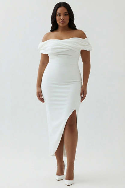 Plus Size White Ruched Sheath Midi Engagement Dress