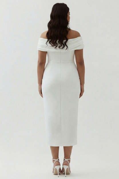 Plus Size White Ruched Sheath Midi Engagement Dress