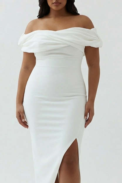 Plus Size White Ruched Sheath Midi Engagement Dress