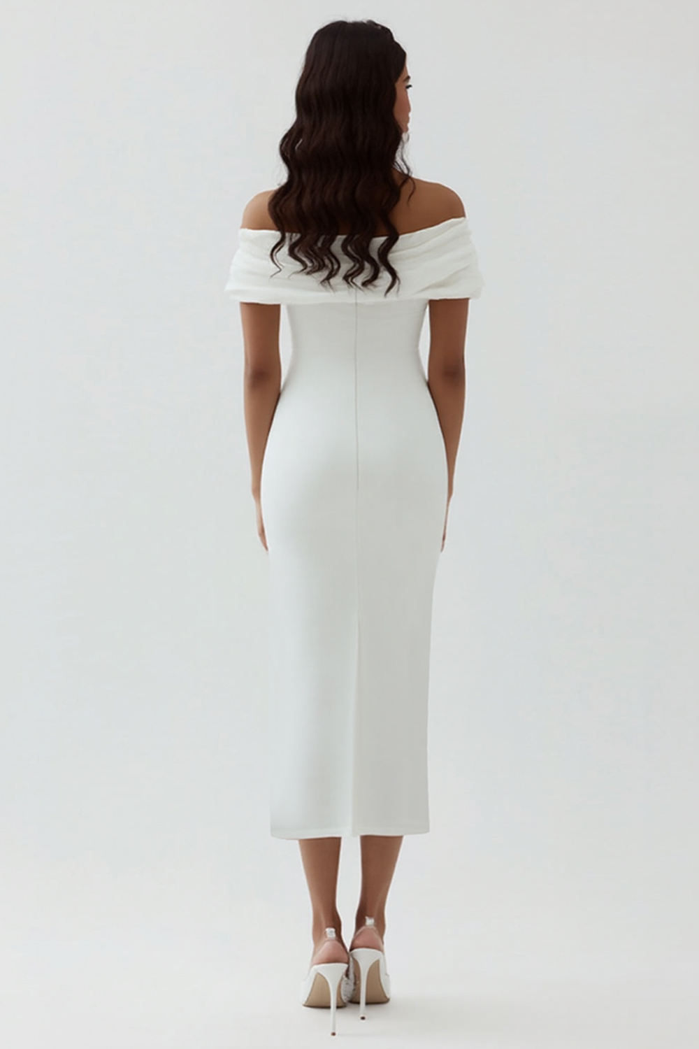 White Off The Shoulder Sheath Tea Length Graduation Dress with Ruch