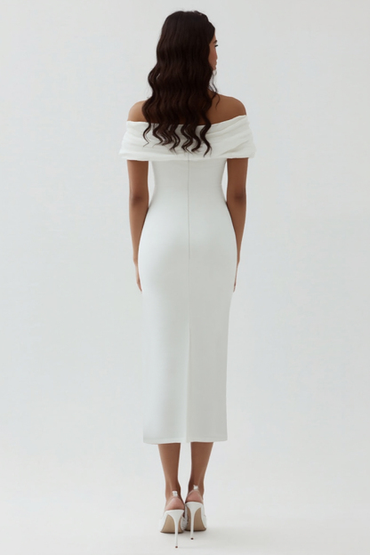 White Off The Shoulder Sheath Tea Length Graduation Dress with Ruch
