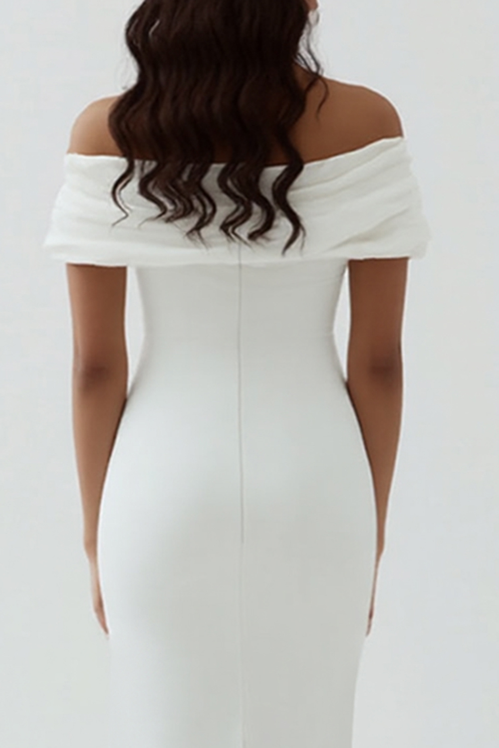 White Off The Shoulder Sheath Tea Length Graduation Dress with Ruch