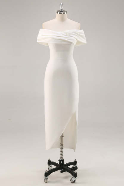 Plus Size White Ruched Sheath Midi Engagement Dress