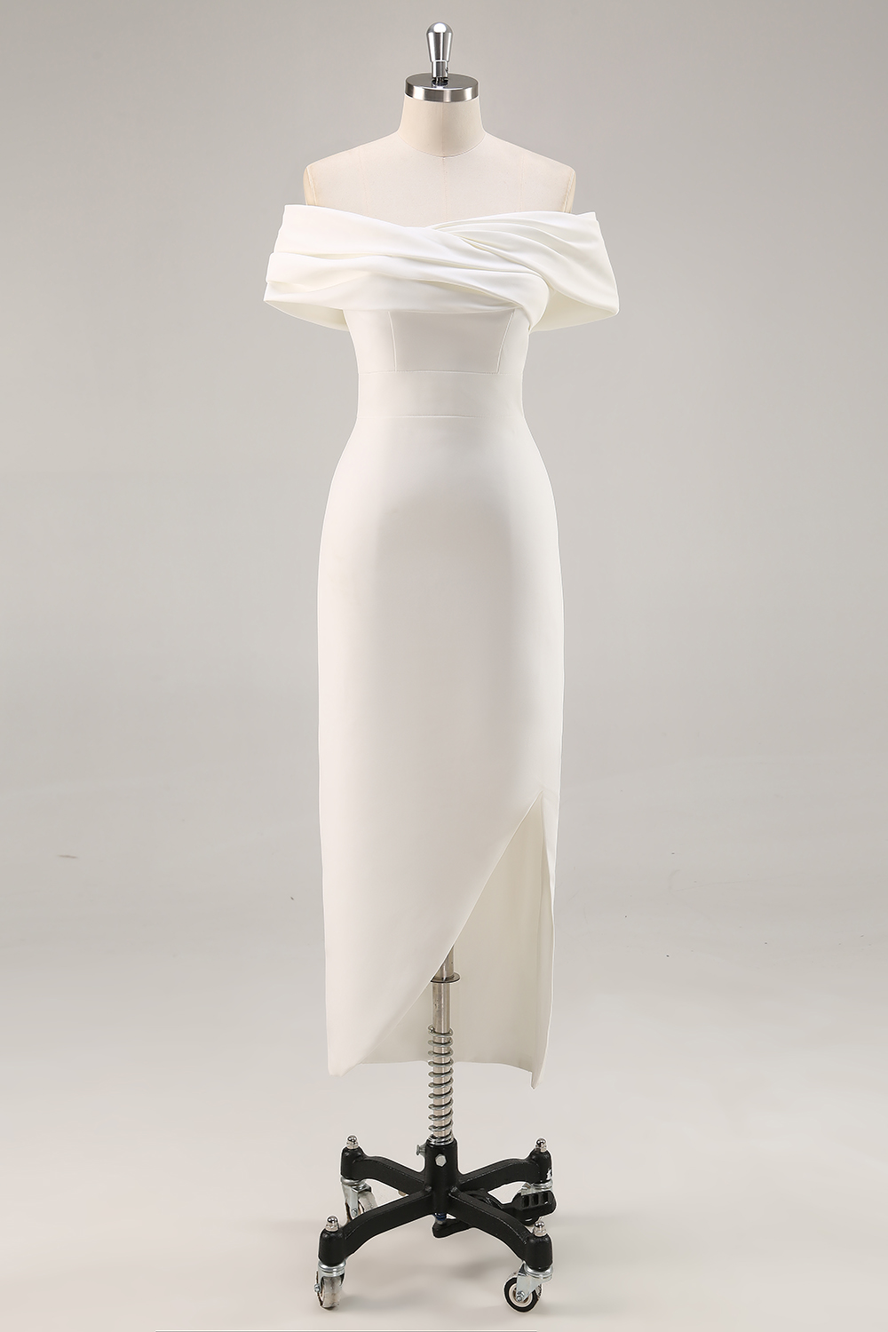 White Off The Shoulder Sheath Tea Length Graduation Dress with Ruch