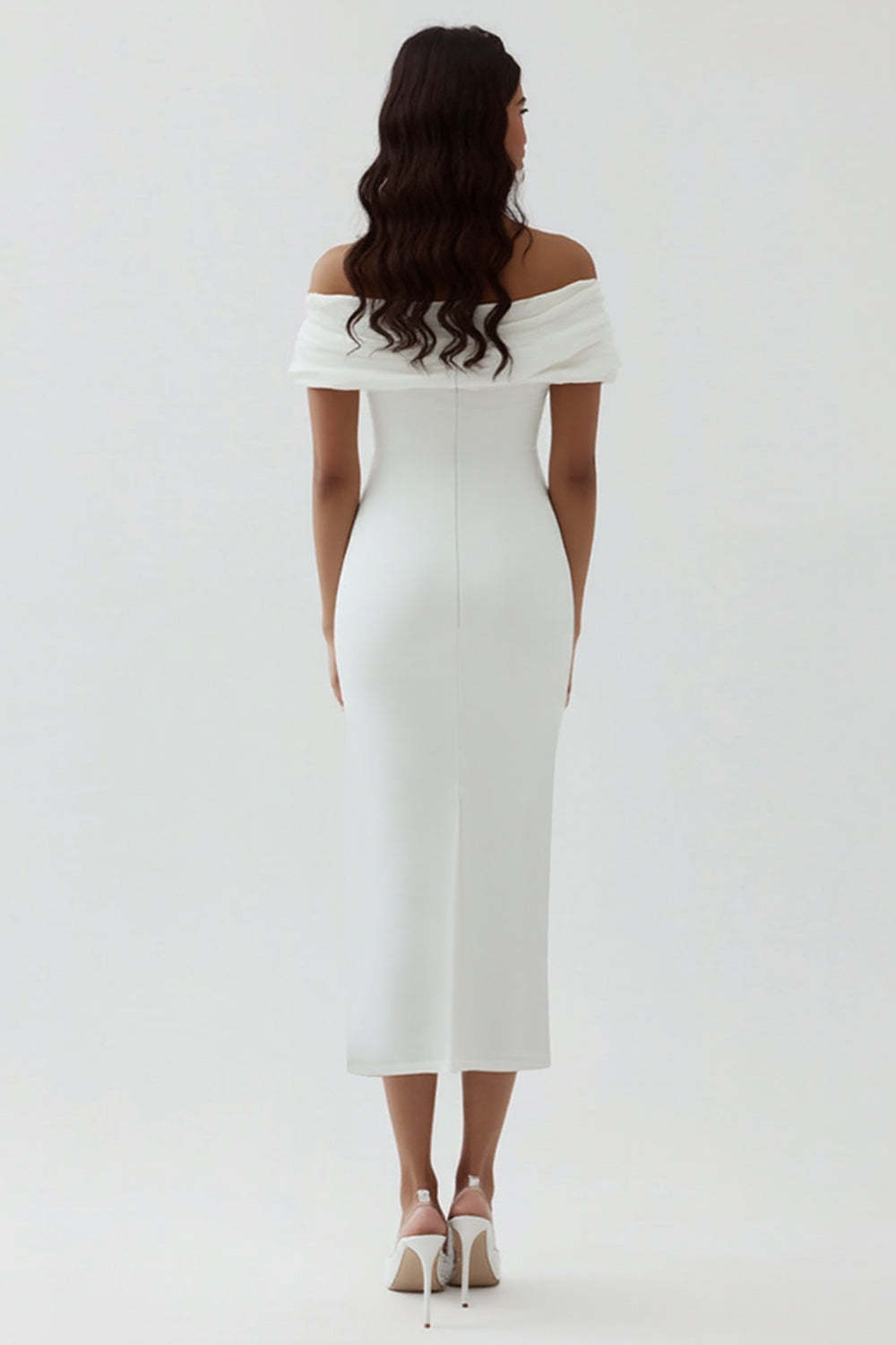 Plus Size White Ruched Sheath Midi Engagement Dress