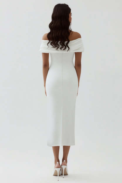 Plus Size White Ruched Sheath Midi Engagement Dress