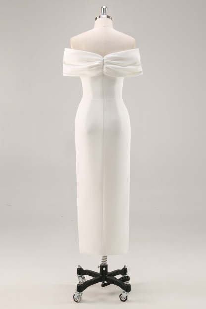 Plus Size White Ruched Sheath Midi Engagement Dress