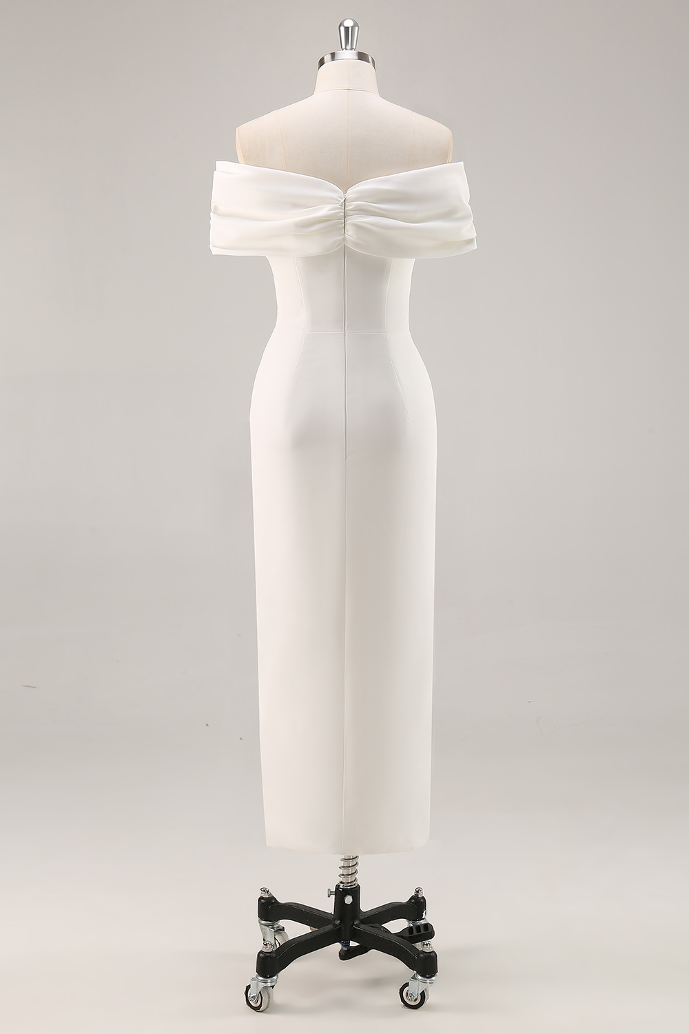 White Off The Shoulder Sheath Tea Length Graduation Dress with Ruch