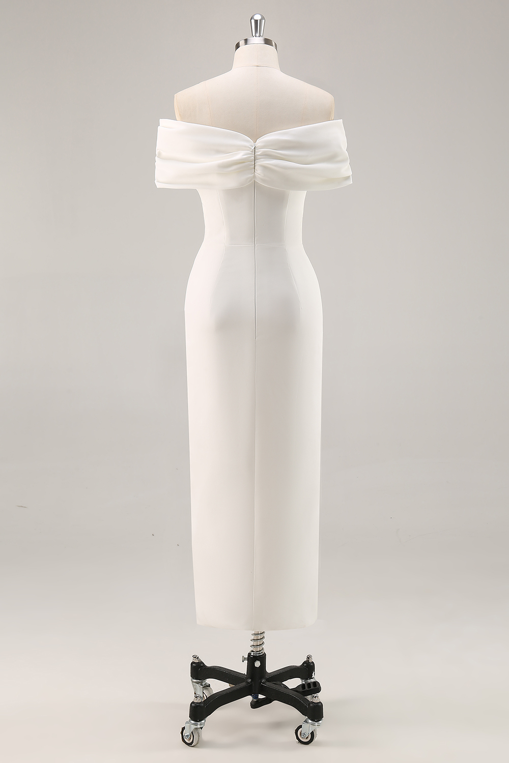White Off The Shoulder Sheath Tea Length Graduation Dress with Ruch