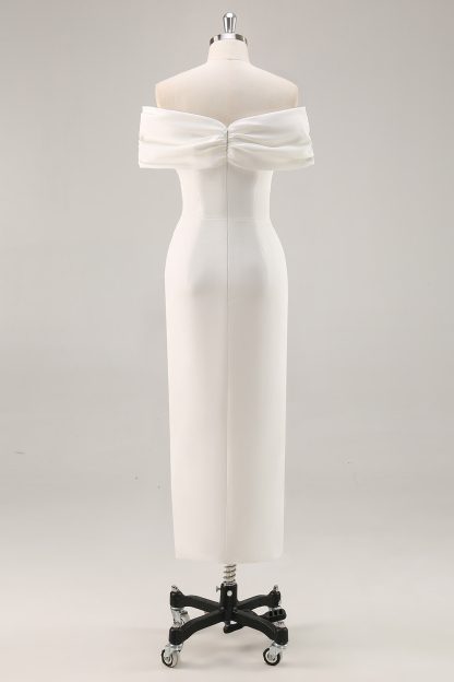 White Off The Shoulder Sheath Tea Length Graduation Dress with Ruch