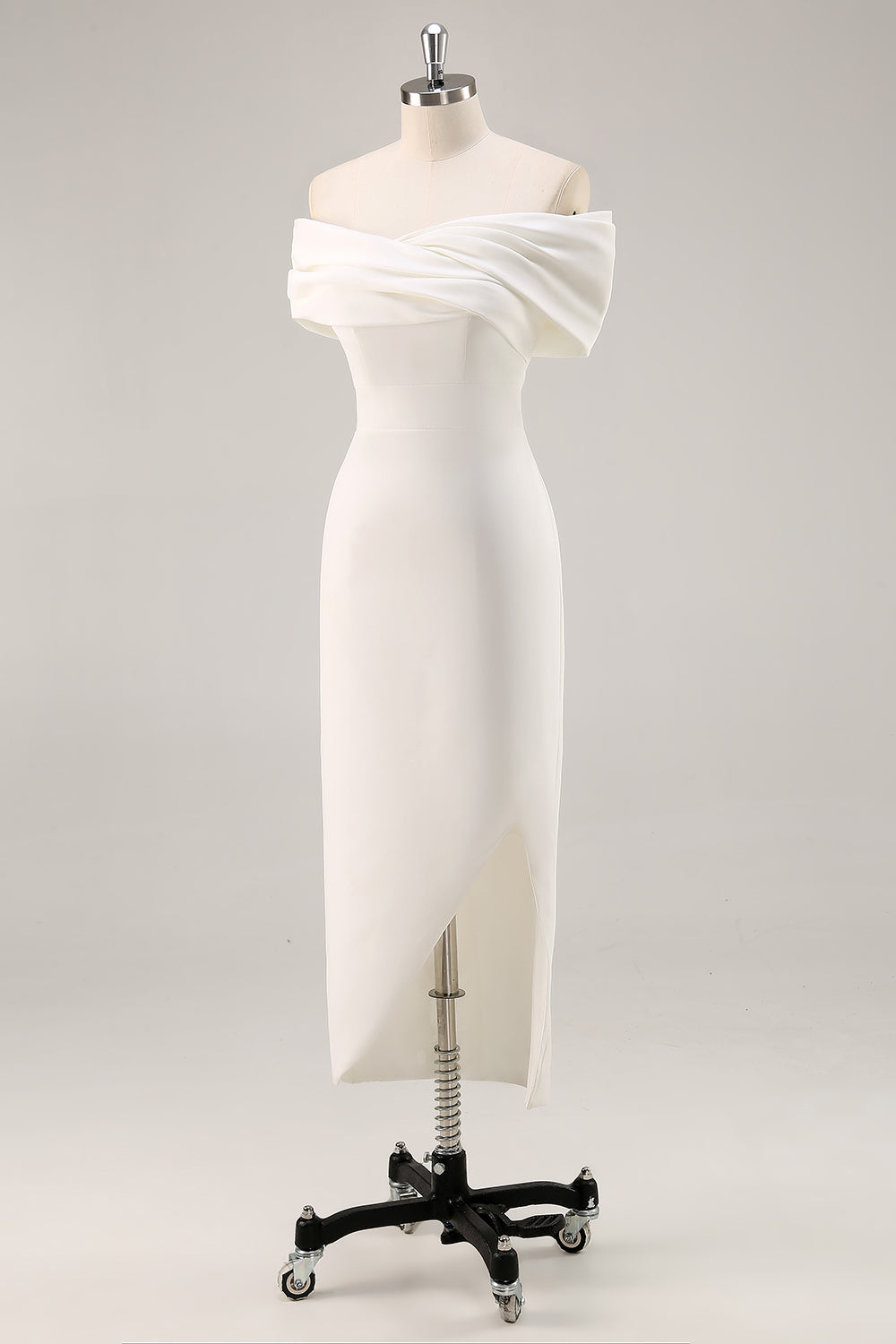 Plus Size White Ruched Sheath Midi Engagement Dress