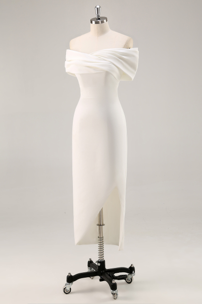 White Ruched Sheath Midi Engagement Party Dress