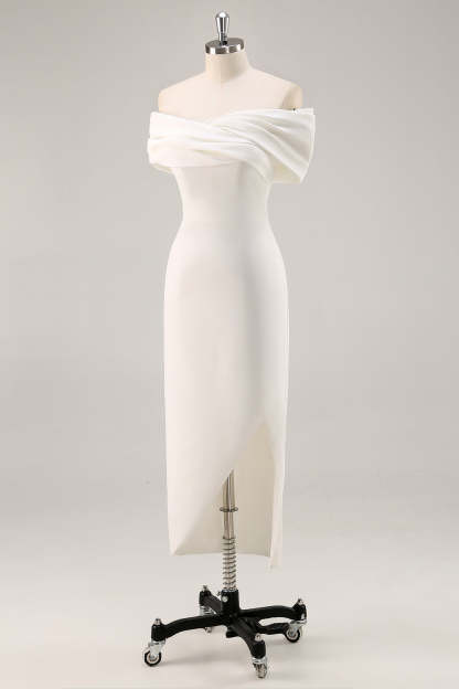 Plus Size White Ruched Sheath Midi Engagement Dress