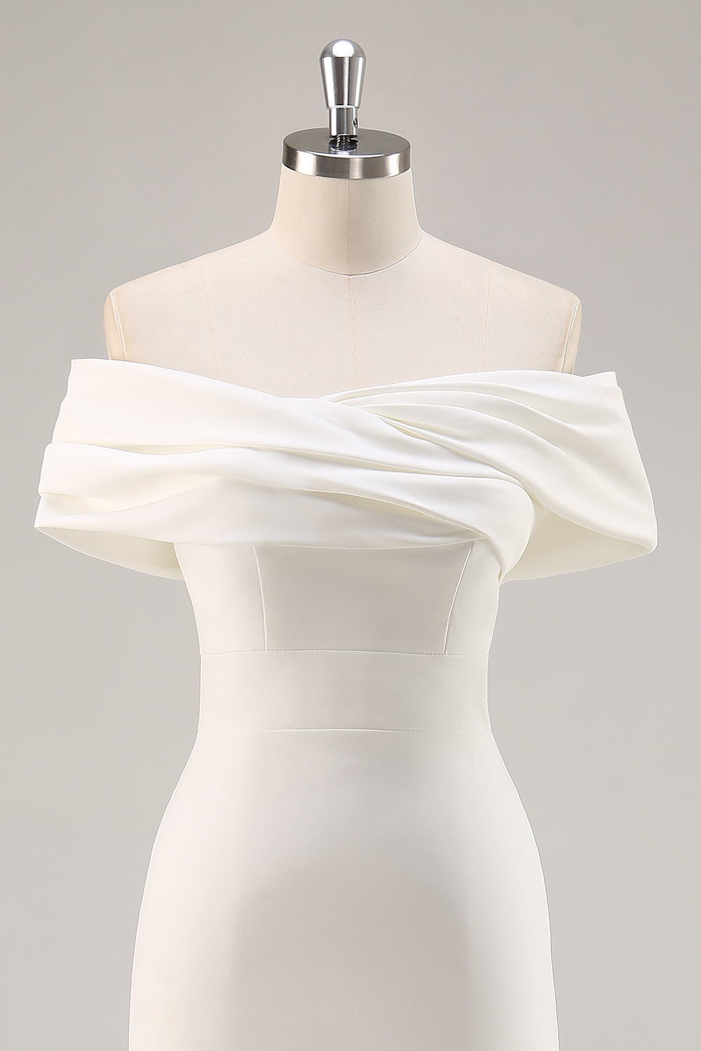 White Off The Shoulder Sheath Tea Length Graduation Dress with Ruch