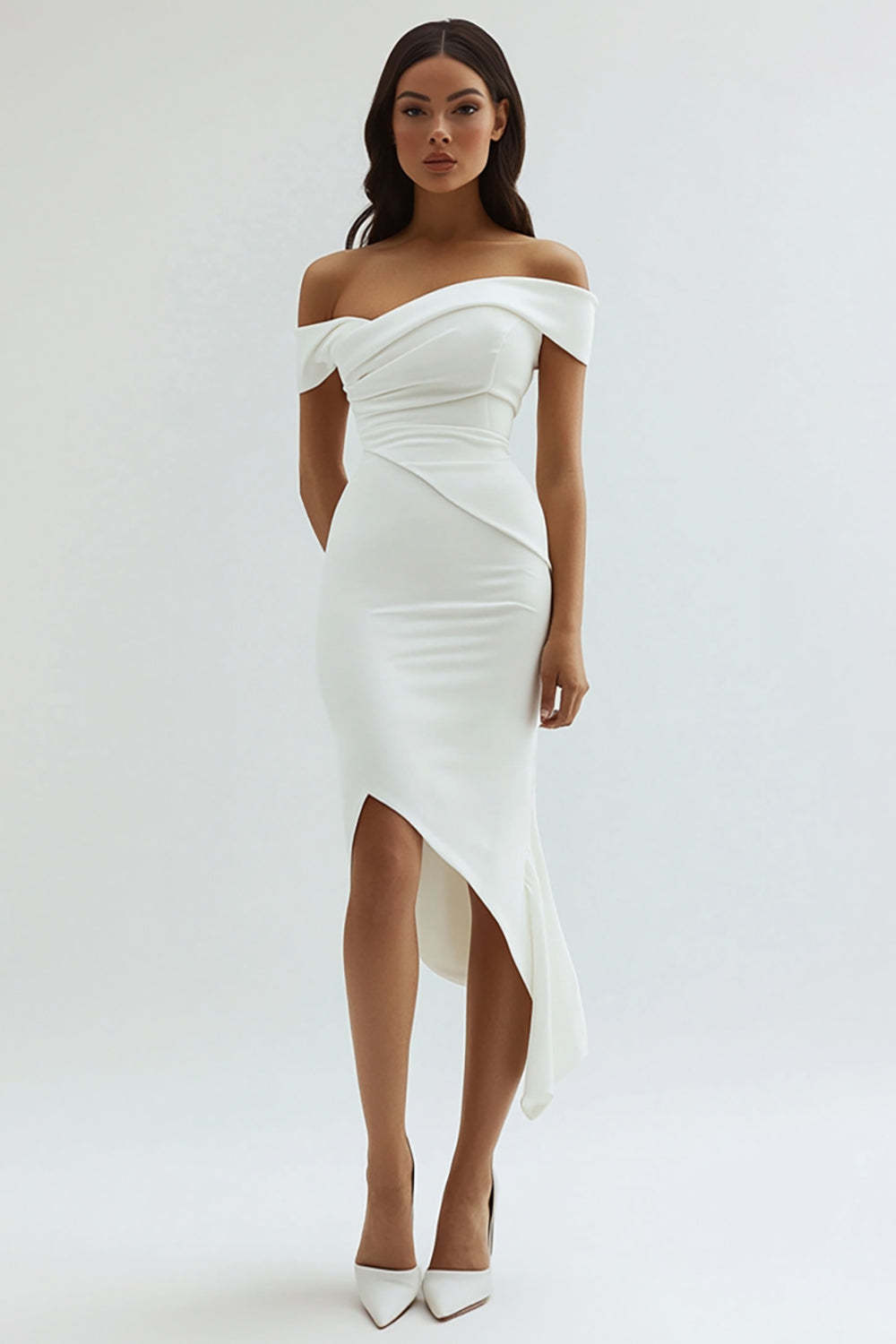 Leely Women Off The Shoulder White Tea Length Graduation Dress with Ruch Satin Sheath Little White Dress