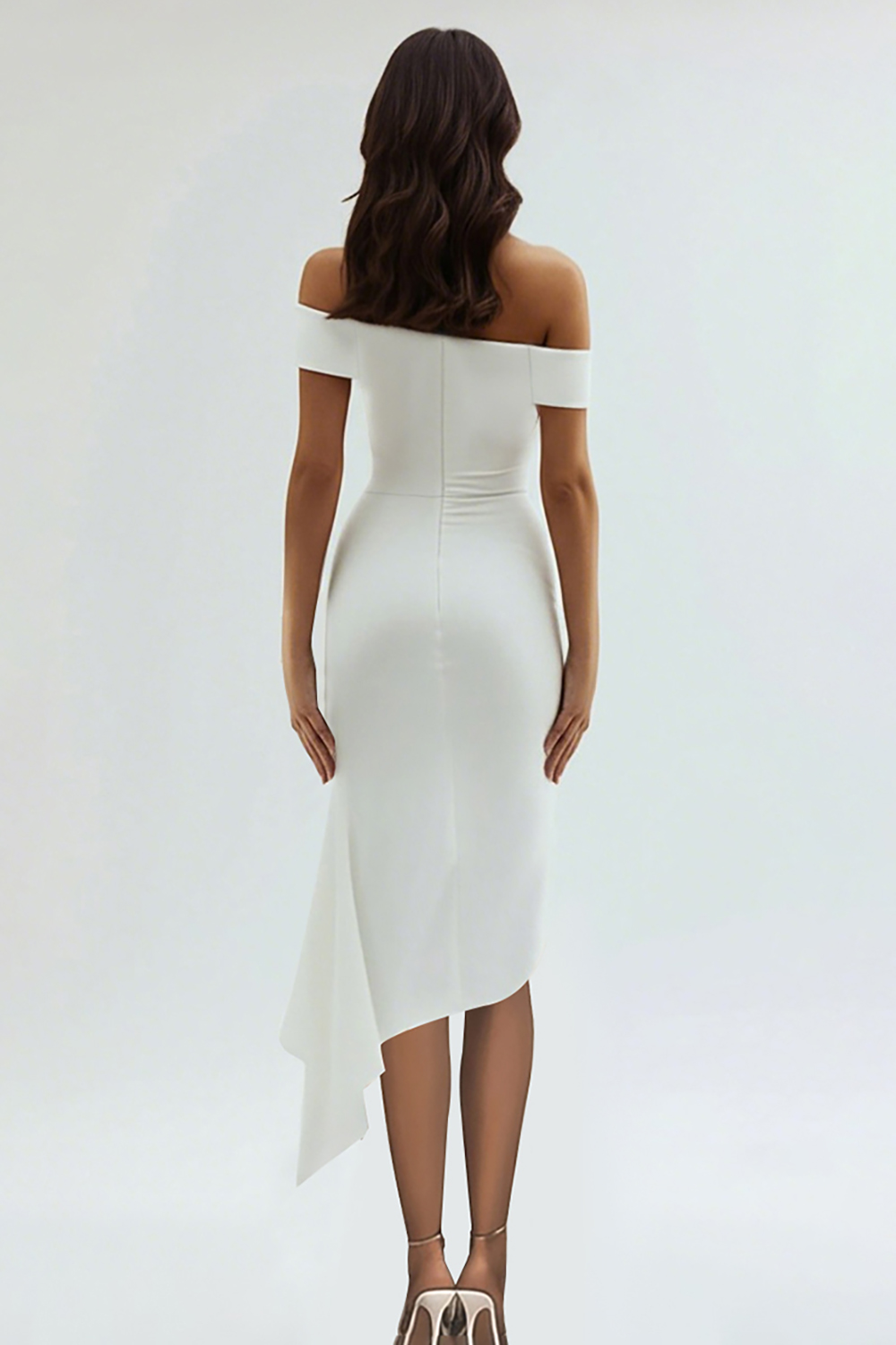 Ruched White Off The Shoulder Sheath Tea Length Graduation Dress