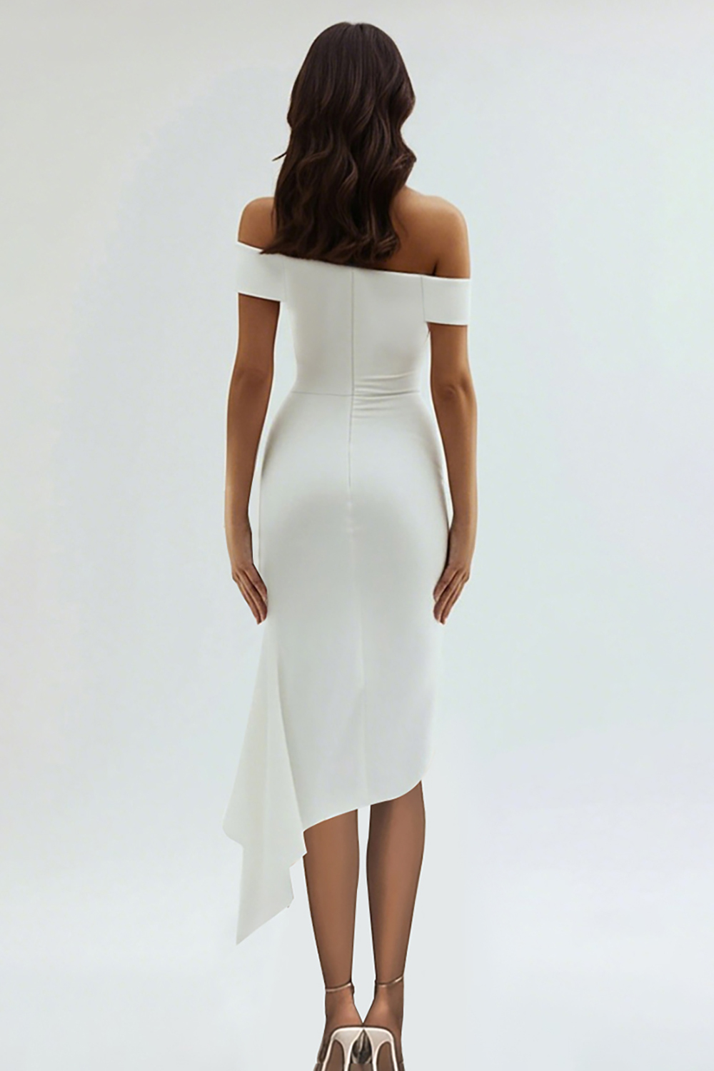 Ruched White Off The Shoulder Sheath Tea Length Graduation Dress