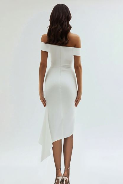 Ruched White Off The Shoulder Sheath Tea Length Graduation Dress