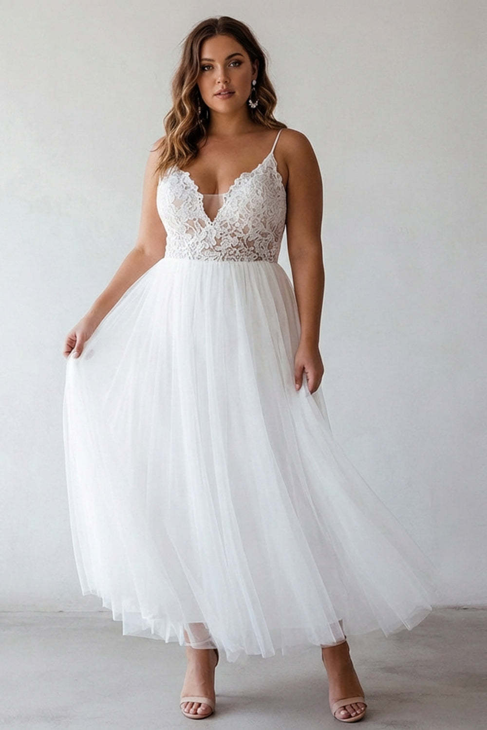Leely Women White A Line Tulle Plus Size Spaghetti Straps Engagement Dress with Lace Ankle Length V-Neck White Dress