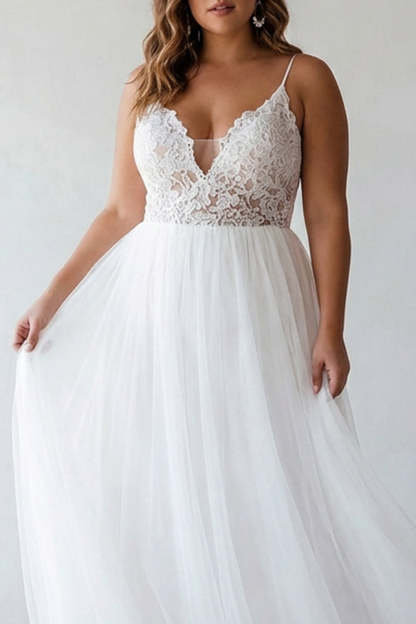 White A Line Plus Size Spaghetti Straps Tulle Engagement Dress with Lace