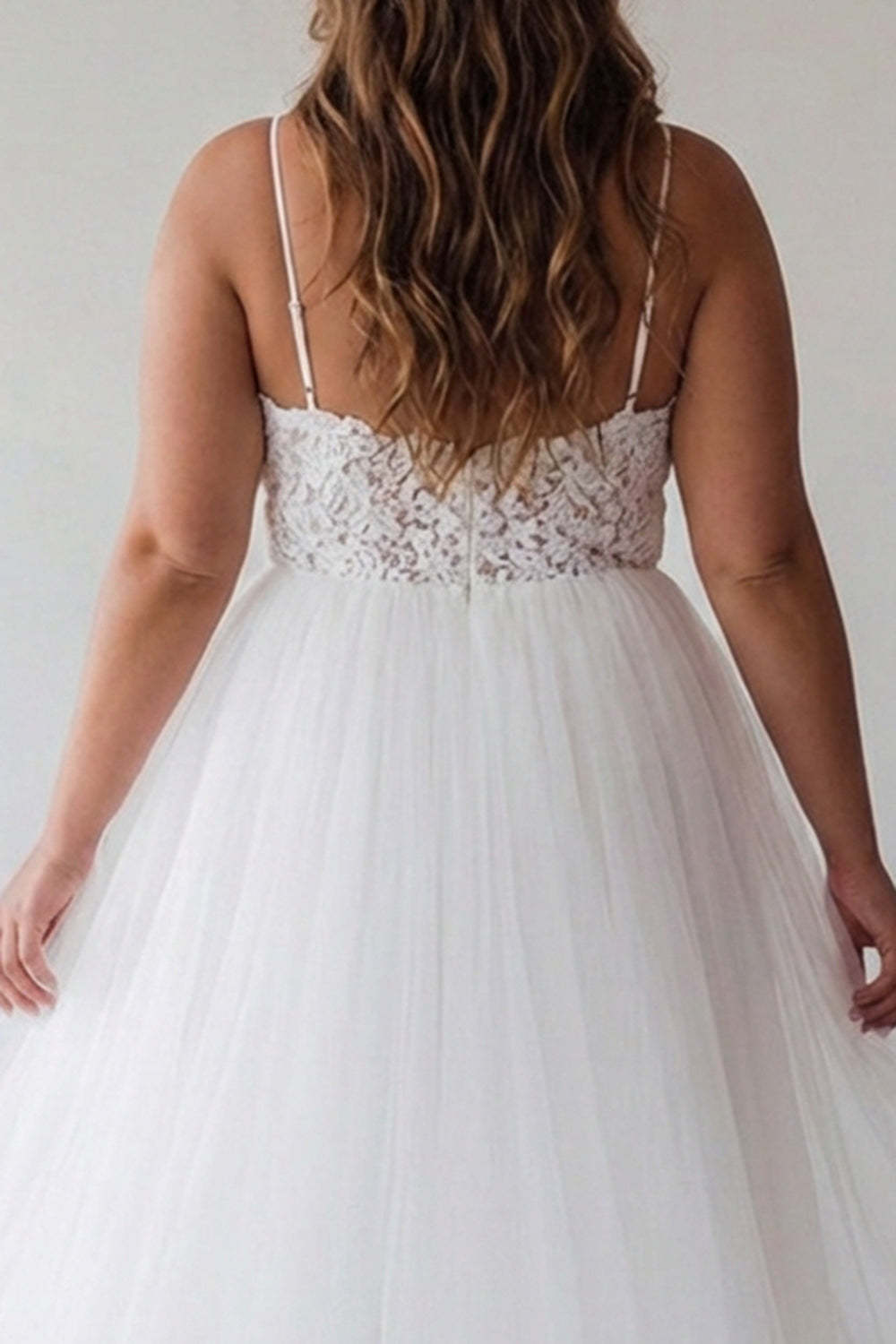 White A Line Plus Size Spaghetti Straps Tulle Engagement Dress with Lace