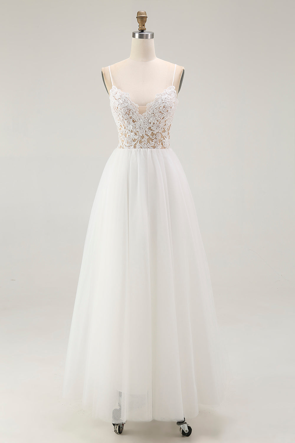 White A Line Plus Size Spaghetti Straps Tulle Engagement Dress with Lace