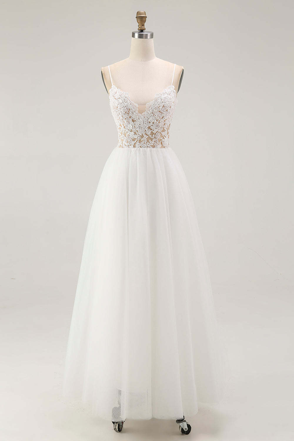 White A Line Plus Size Spaghetti Straps Tulle Engagement Dress with Lace