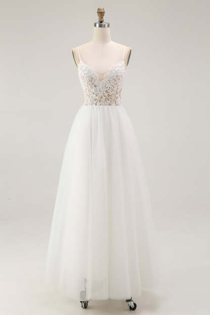 White A Line Plus Size Spaghetti Straps Tulle Engagement Dress with Lace
