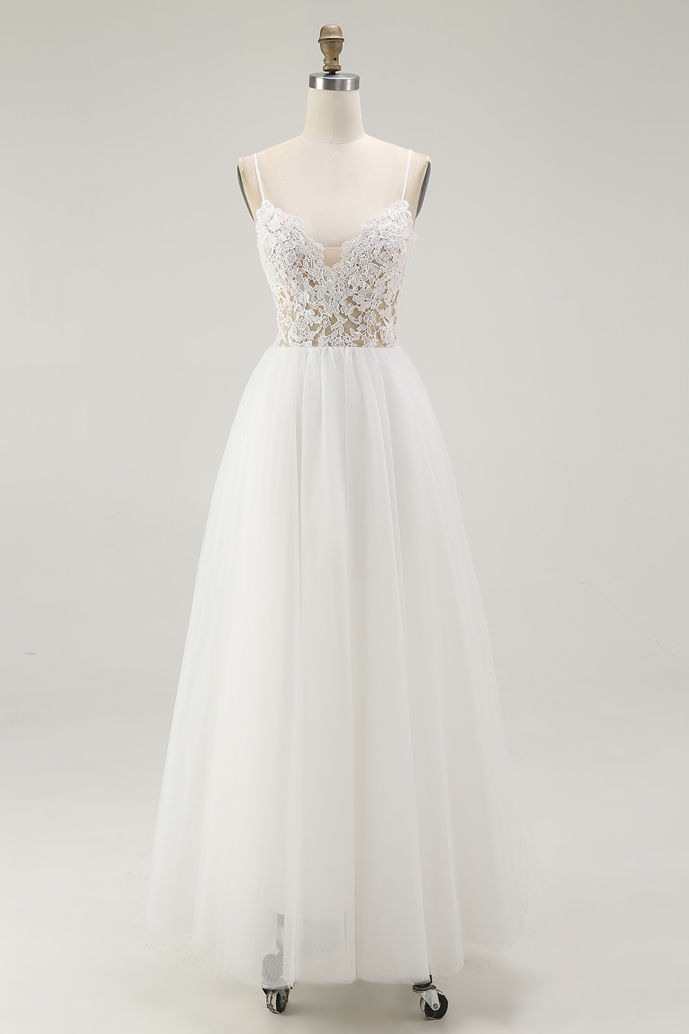 White A Line Tulle Spaghetti Straps Graduation Dress with Lace