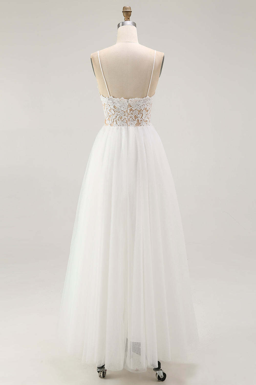 White A Line Plus Size Spaghetti Straps Tulle Engagement Dress with Lace
