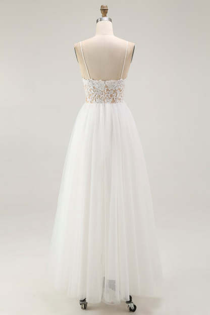 White A Line Plus Size Spaghetti Straps Tulle Engagement Dress with Lace