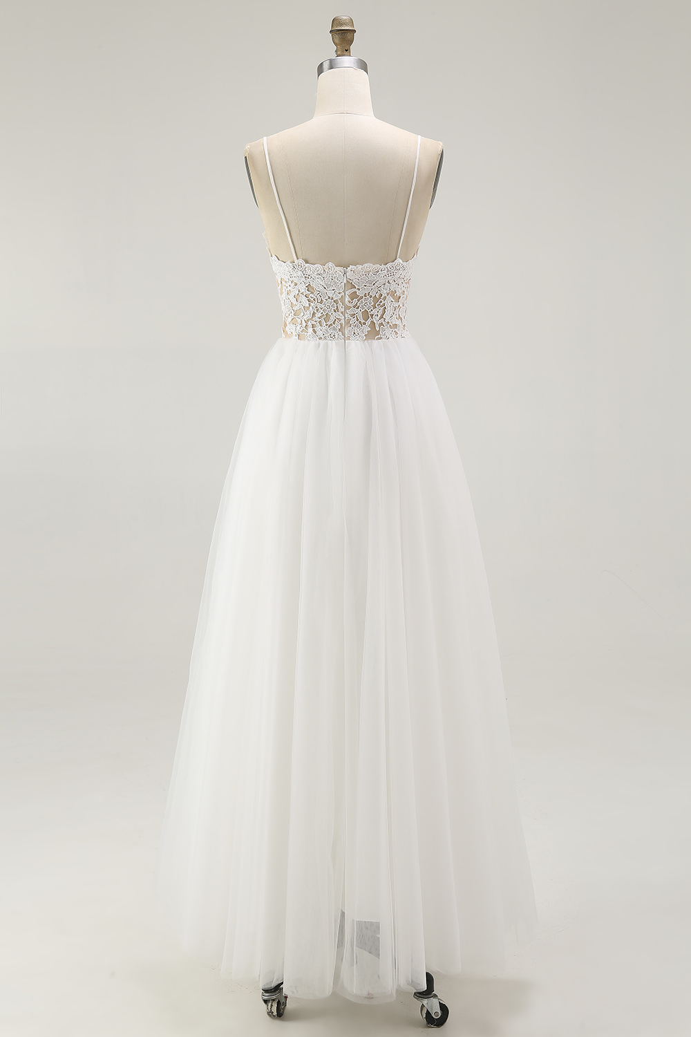 White A Line Tulle Spaghetti Straps Graduation Dress with Lace