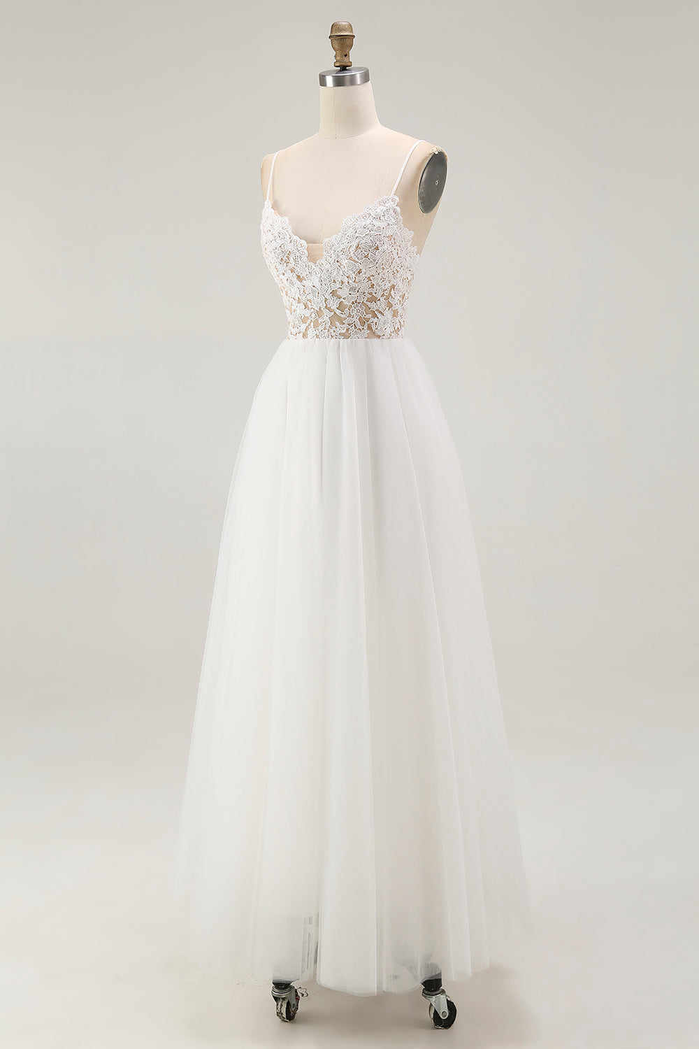 White A Line Plus Size Spaghetti Straps Tulle Engagement Dress with Lace