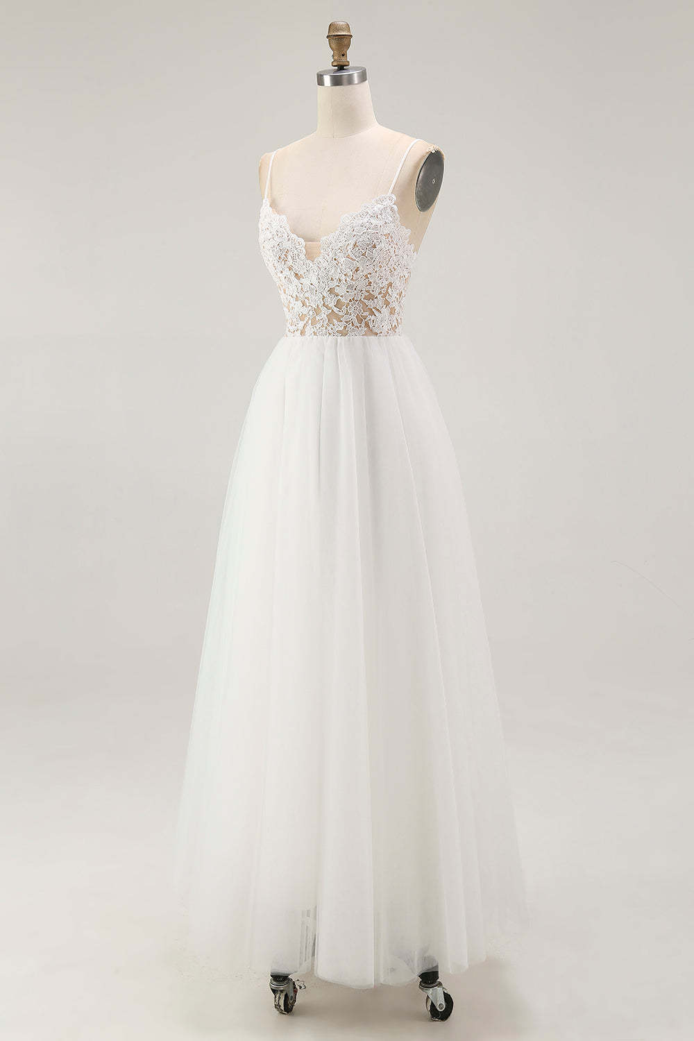 White A Line Plus Size Spaghetti Straps Tulle Engagement Dress with Lace